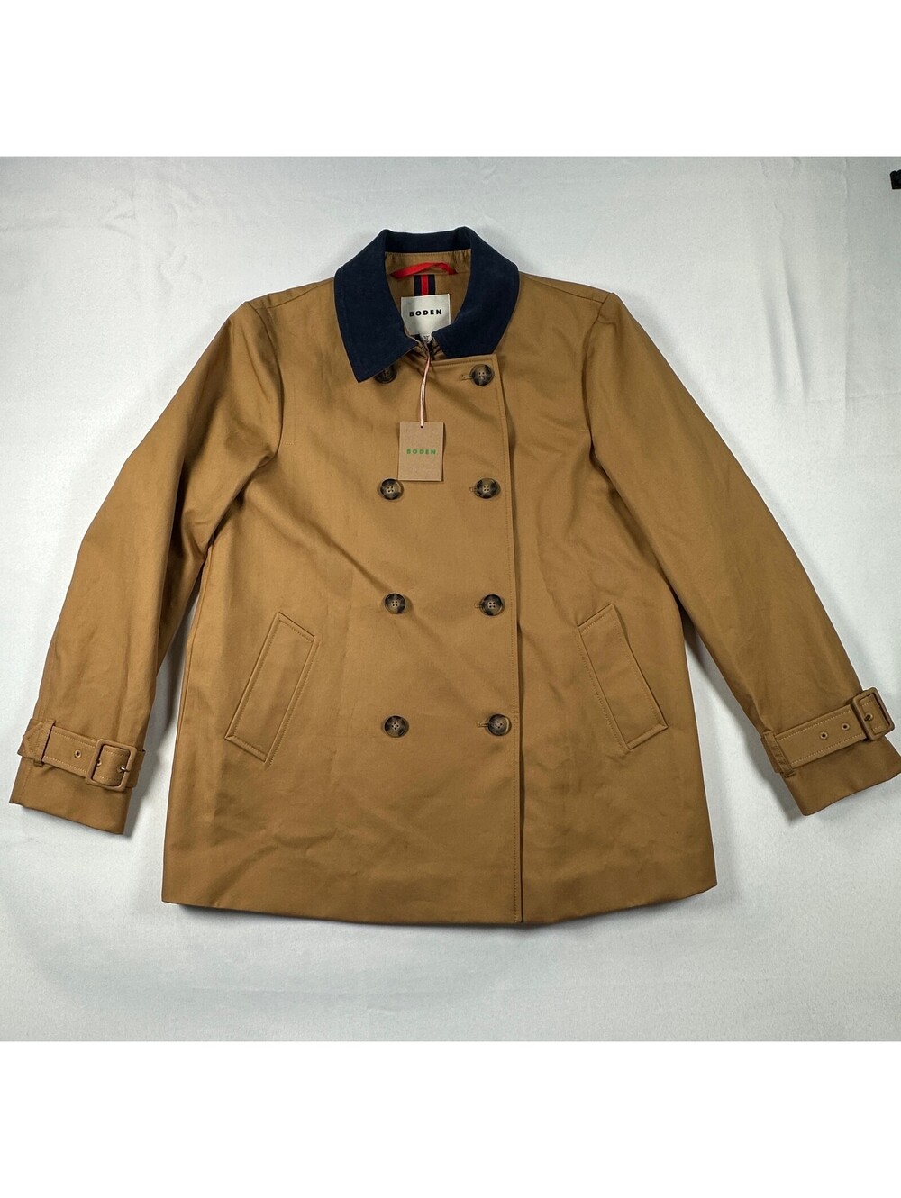 NWT Boden Contrast Collar Mac Jacket Womens 8 Tan Trench Peacoat Map Lining